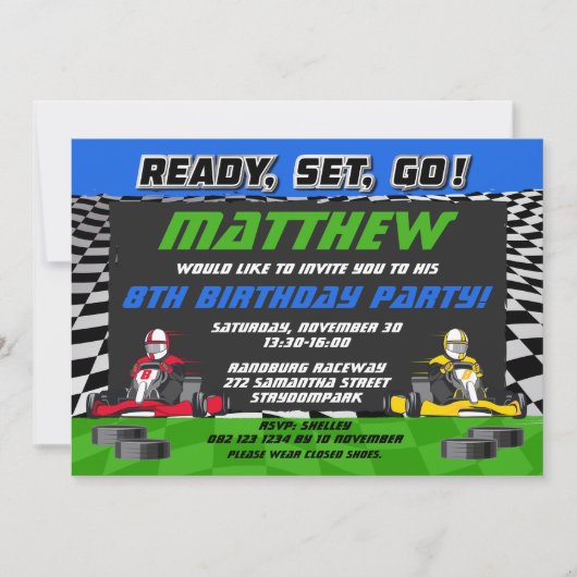 Go Kart Racing Auto Verjaardagsfeest Kaart (Voorkant)
