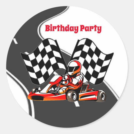 Go Kart Racing Boy Verjaardagsfeestje Ronde Sticker (Voorkant)