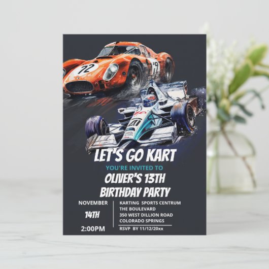 Go Kart Uitnodiging voor verjaardag (Staand voorkant)