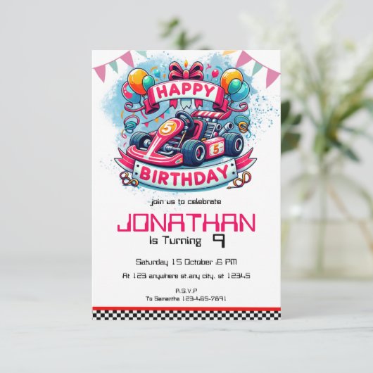 Go Kart Verjaardag Red Racing Car uitnodiging (Staand voorkant)