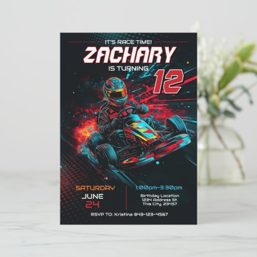 Go Kart verjaardagsuitnodiging | Racing Invite Kaart (Staand voorkant)