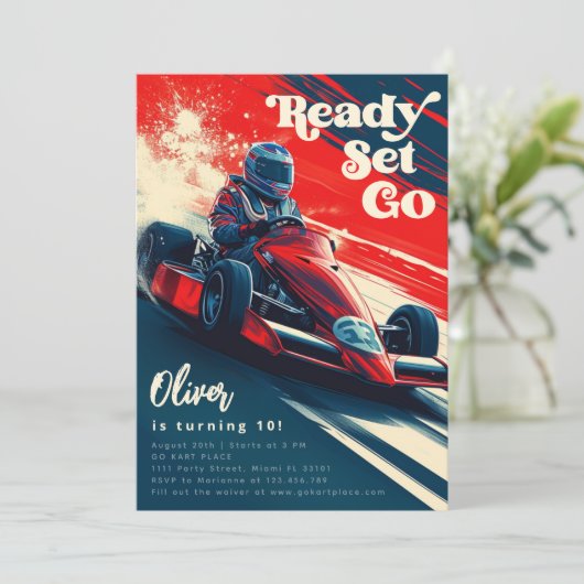Go Karting Go Kart Racing Auto Jongen Verjaardagsf Kaart (Staand voorkant)