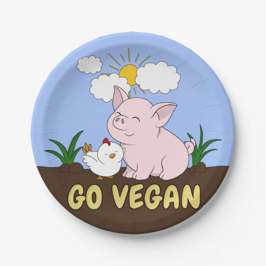 Go Vegan - Schattige Pig and Chicken Papieren Bordje (Voorkant)