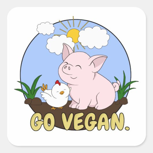 Go Vegan - Schattige Pig and Chicken Vierkante Sticker (Voorkant)