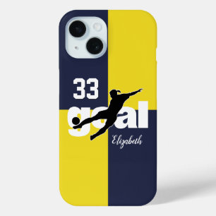 Goal blauw goud gepersonaliseerde meisjes voetbal iPhone 15 case