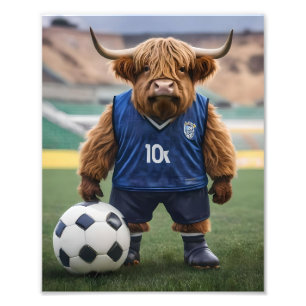 Goal-Getter: Een Highland Koe gekleed voor voetbal Foto Afdruk