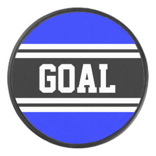 GOAL Vivid Royal Blue Zwart Wit Racing Stripes Hockey Puck