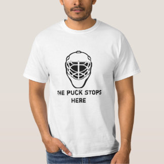 Goalie-masker, de puck stopt hier t-shirt