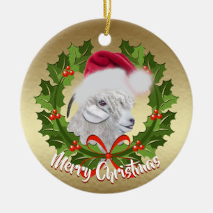 GOAT Angora Goat Doe Santa Hat Kerstmis Keramisch Ornament
