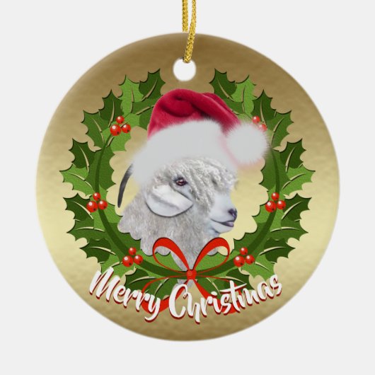 GOAT Angora Goat Doe Santa Hat Kerstmis Keramisch Ornament (Voorkant)