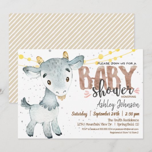 Goat Baby shower uitnodiging, Jongen, Boerderij Kaart (Voorkant / Achterkant)