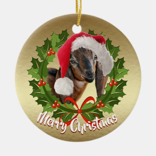 GOAT Nubian Doe Kind Santa Hat kerstversiering Keramisch Ornament (Voorkant)