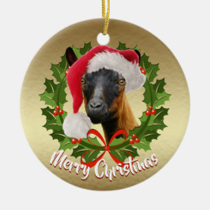 GOAT Oberhasli Dairy Goat Doe Santa Hat Kerstmis Keramisch Ornament