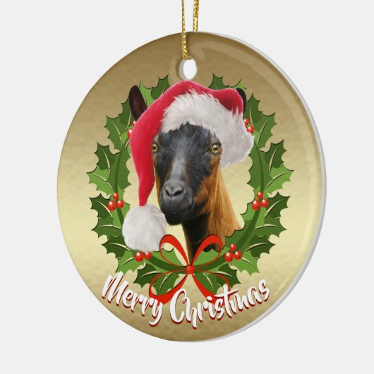 GOAT Oberhasli Dairy Goat Doe Santa Hat Kerstmis Keramisch Ornament (Links)