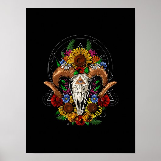 Goat Skull Psychedelic Sunflower Poster (Voorkant)