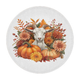 Goat with Autumn Blooms & Pumpkins Snijplank