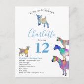 Goats Boerderij Animal 12th Birthday Party Blauw Uitnodiging Briefkaart (Voorkant)