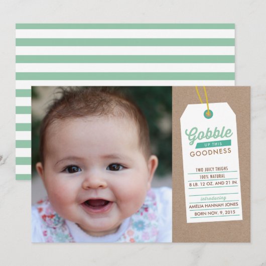 Gobble Baby Up Birth Announounding Blauwgroen Aankondiging (Voorkant / Achterkant)