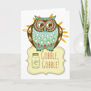 Gobble Gobble Floral Blue Owl Thanksgiving Feestdagen Kaart