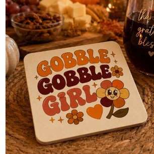 Gobble Gobble Meisje, Leuk Retro Festieve Thanksgi Kartonnen Onderzetters