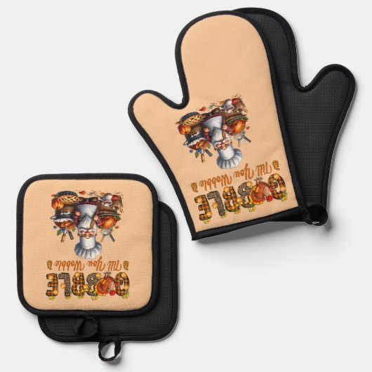 Gobble Till You Wobble Oven Mitt en Pot Houders Ovenwant & Pannenlap Set (Voorkant / Achterkant)