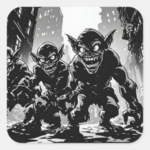 Goblin Demonen Verlaten Stad BW Retro Comic Stijl Vierkante Sticker