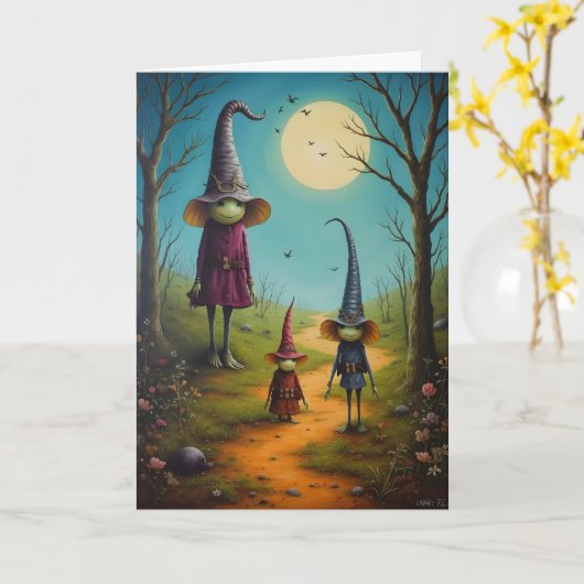 Goblin Mom en Kinder Halloween Kaart (Gele Bloem)