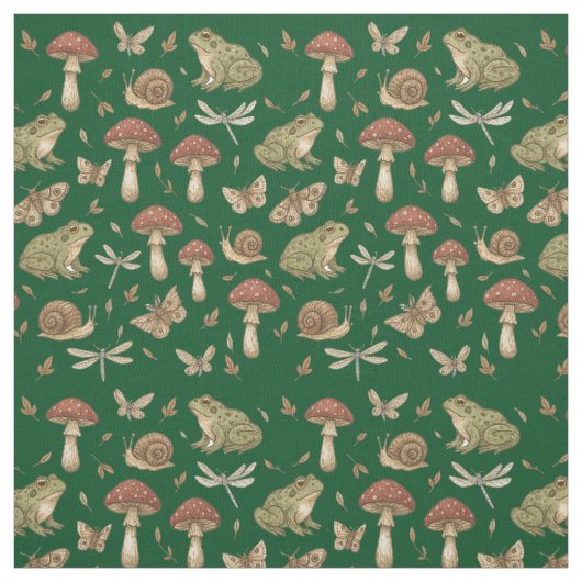 Goblincore Mushroom Frog Snail Dragonfly Pattern Stof (Swatch)