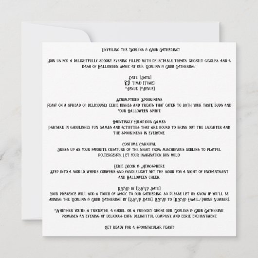 👻🍽️ "Goblins & Grub Gathering"! 🍽️👻 Halloween Kaart (Achterkant)