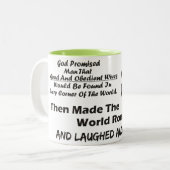 "God beloofde Man" Funny Mug Tweekleurige Koffiemok (Voorkant links)