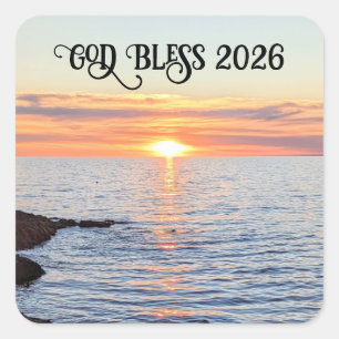 God Bless 2026 Nieuwjaars Gouden Zonsondergang Fot Vierkante Sticker