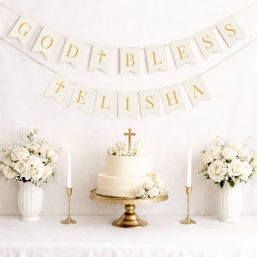 God Bless 6 Letters Ivory & Gold Baptism Communion Vlaggetjes