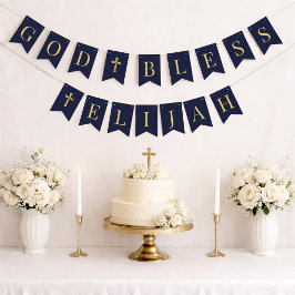 God Bless 6 Letters Navy & Goud Doop Eerste Commun Vlaggetjes