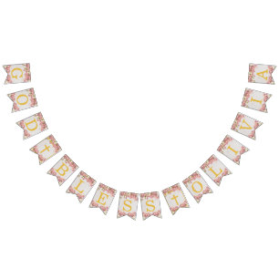 God Bless 6 Letters Roze Orchideeën Doopsel Eerste Vlaggetjes