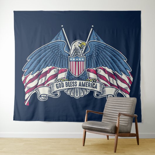 God Bless America Bald Eagle en Flag Wandkleed (In Situ (horizontaal))