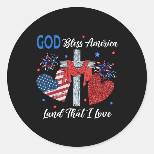 God Bless America Christelijk Hart Kruis Jezus 4e Ronde Sticker (Voorkant)