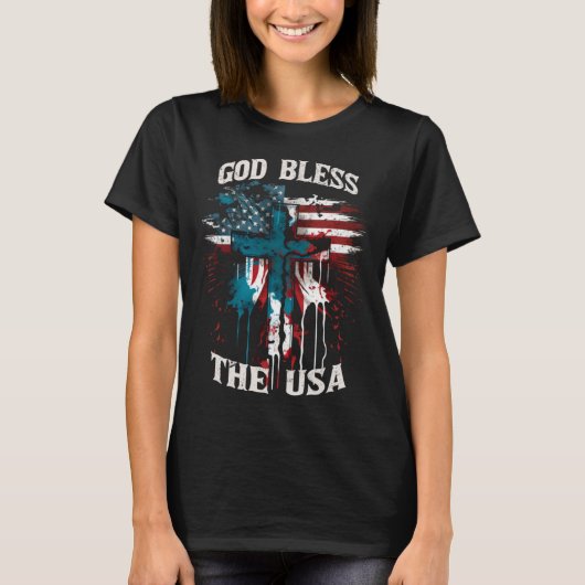 God Bless America Christian Patriotic Cross T-shirt (Voorkant)