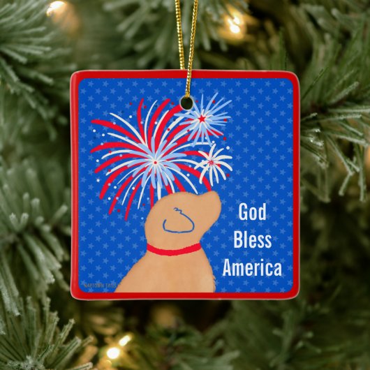 God Bless America Gele Hond Vuurwerk Boomornament Keramisch Ornament (Boom)