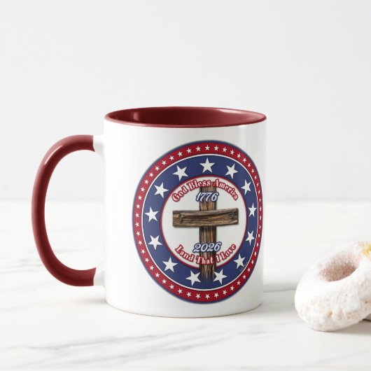 God Bless America Land dat ik liefheb Ruw Kruis Mok (Met donut)