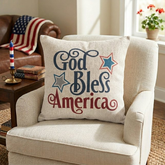 God Bless America Rood Wit en Blauw Patriottisch Kussen (God Bless America Red White and Blue Patriotic Throw Pillow)