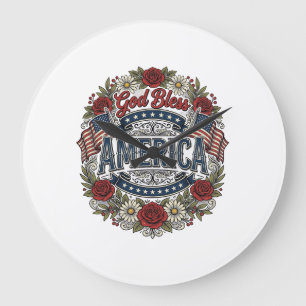 God Bless America Vintage Patriottische Bloemen Grote Klok