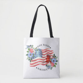 God Bless America Watercolor Vlag/Bloemen/Vogels I Tote Bag