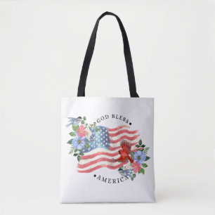 God Bless America Watercolor Vlag/Bloemen/Vogels I Tote Bag