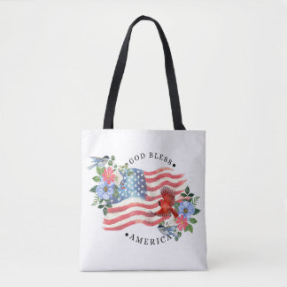 God Bless America Watercolor Vlag/Bloemen/Vogels I Tote Bag