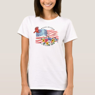 God Bless America Waterverf Vlag/Bloemen/Vogels 3 T-shirt