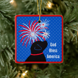 God Bless America Zwarte Hond Vuurwerk Ornament