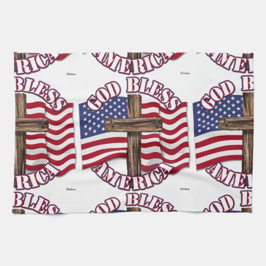 God Bless Amerika met de vlag van de VS & kruis Theedoek (Horizontaal)