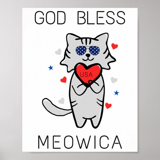God Bless Meowica Grappig Patriottisch Amerika Cat Poster (Voorkant)
