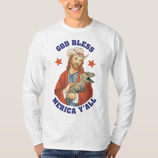 God Bless Merica Y'all Jezus Dinosaur Cowboy Hoed T-shirt (Voorkant)