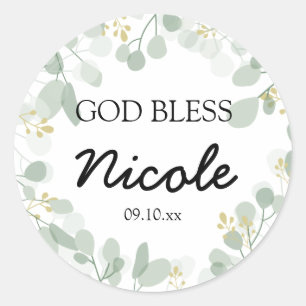 God Bless Monogram Name Airy Botanical Ronde Sticker